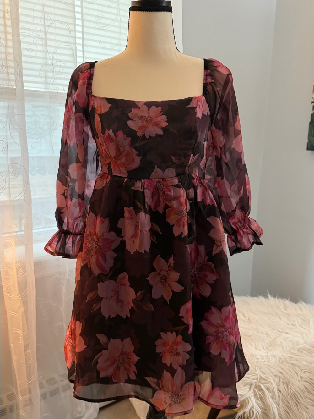 Thirty Thirty Floral Square-Neck Chiffon Babydoll Dress in Pink on Black